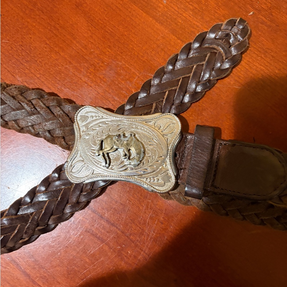 Vintage brown Braided Leather Belt with silver and Gold Buckle